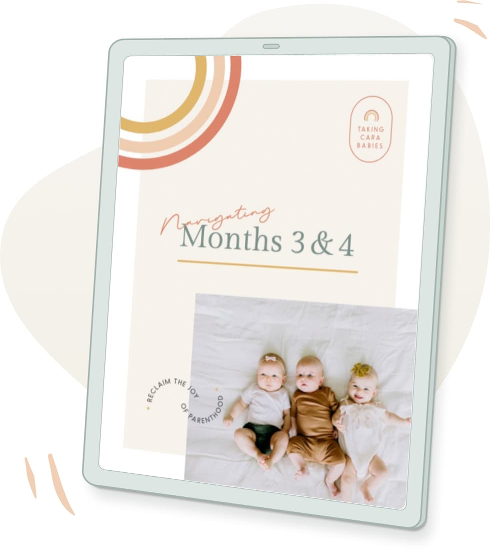 A book with the title 'Navigating Months 3 & 4' Featuring three newborn babies beside the words 'Reclaim the joy of parenthood'