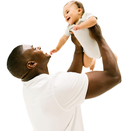 African American father affectionately holding his child in the air above his head