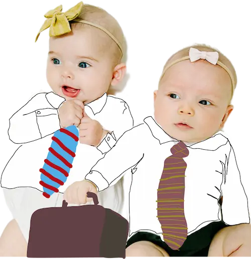 Photograph of two cute newborns with cartoon business shirts and a briefcase draw on top of it